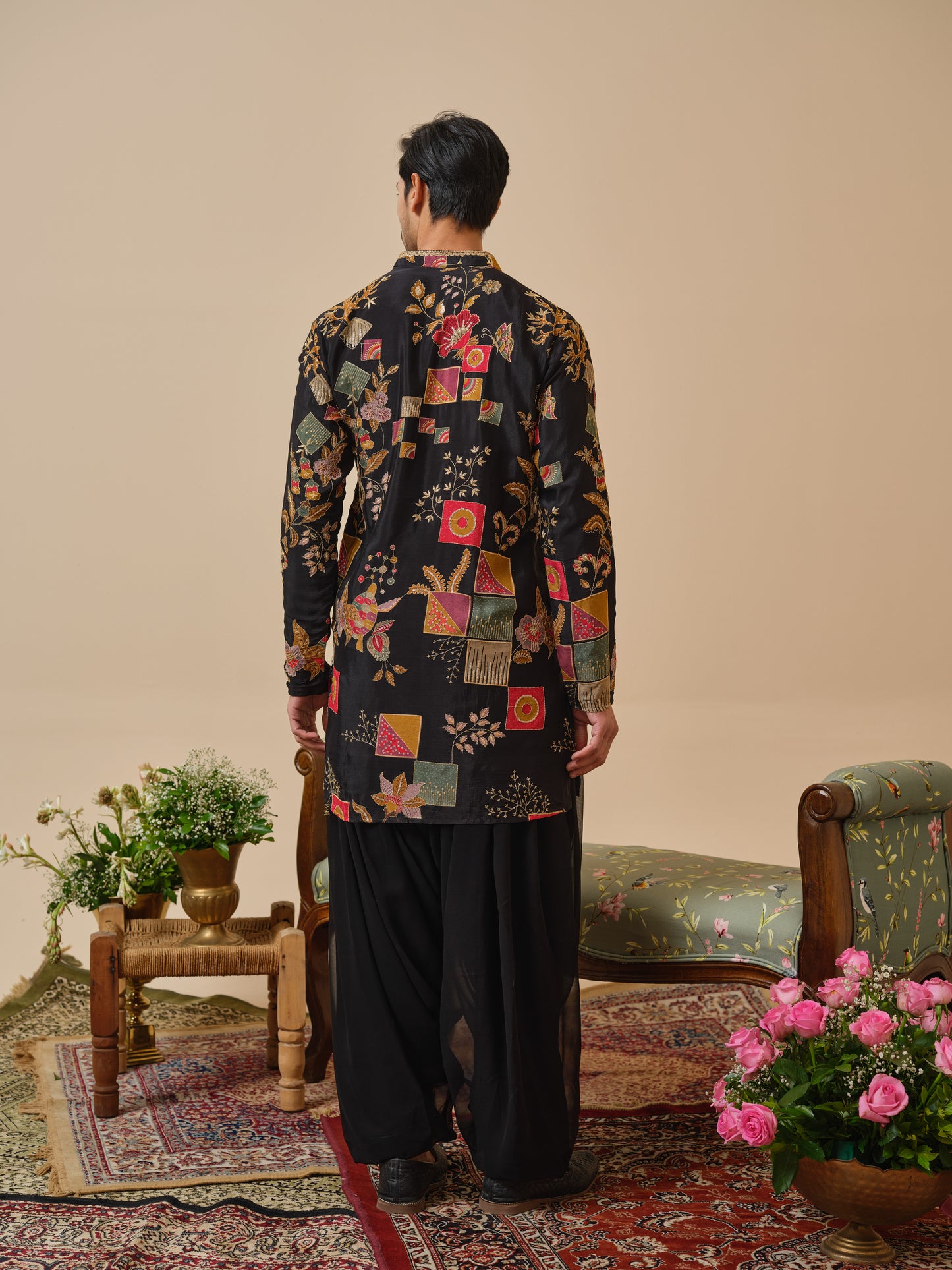 Black Georgette Kurta–Bottom Set with Position Print & Zari Embroidery