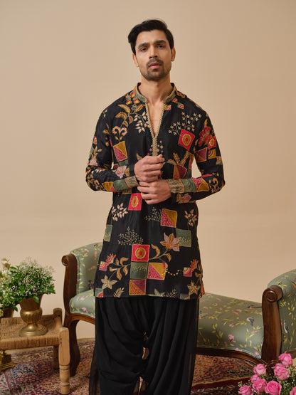 Black Georgette Kurta–Bottom Set with Position Print & Zari Embroidery