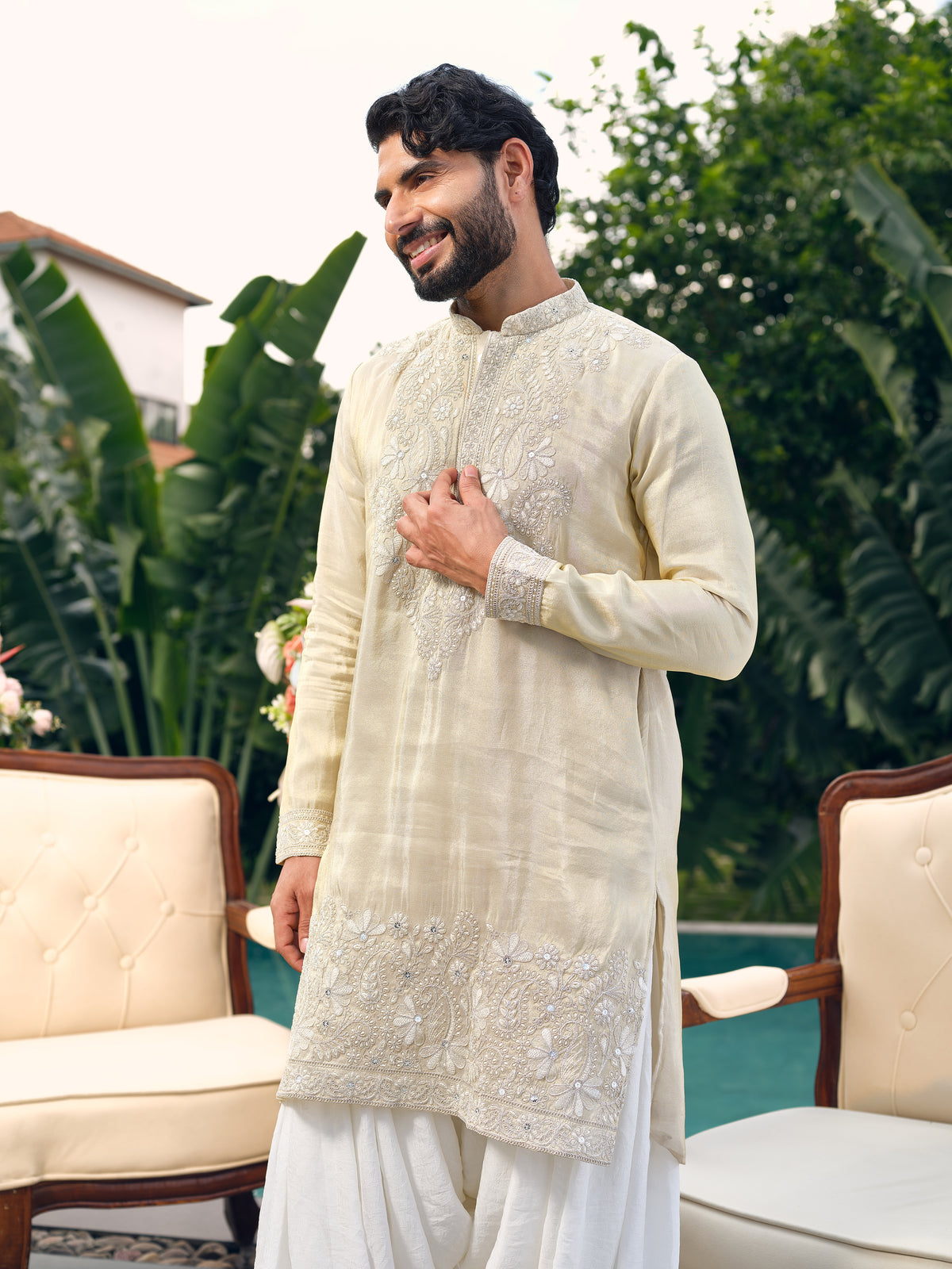 Tissue Silk Short Kurta Set with Embroidery and Coding