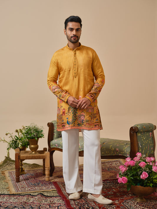 Men’s Mustard Viscose Kurta–Bottom Set with Position Print, Thread Work & Zari Embroidery