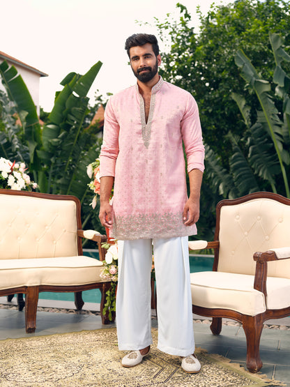 Pearl Pink Tissue Silk Short Kurta Set with Embroidery and Bead Work
