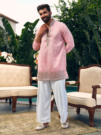 Pearl Pink Tissue Silk Short Kurta Set with Embroidery and Bead Work