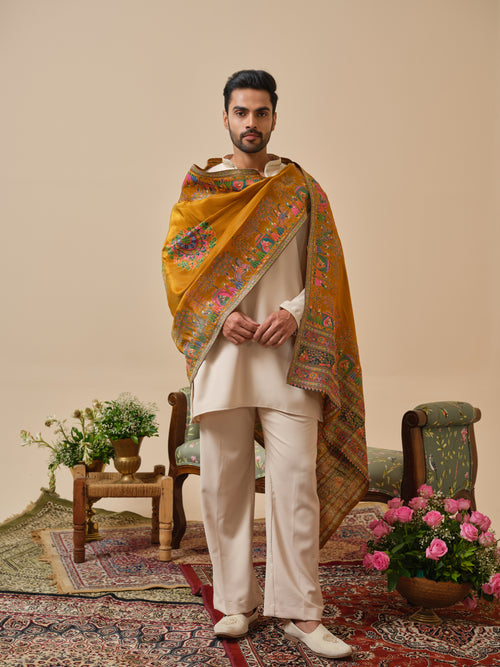 Beige Armani Kurta–Bottom–Dupatta Set with Hand Work