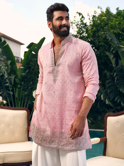 Pearl Pink Tissue Silk Short Kurta Set with Embroidery and Bead Work