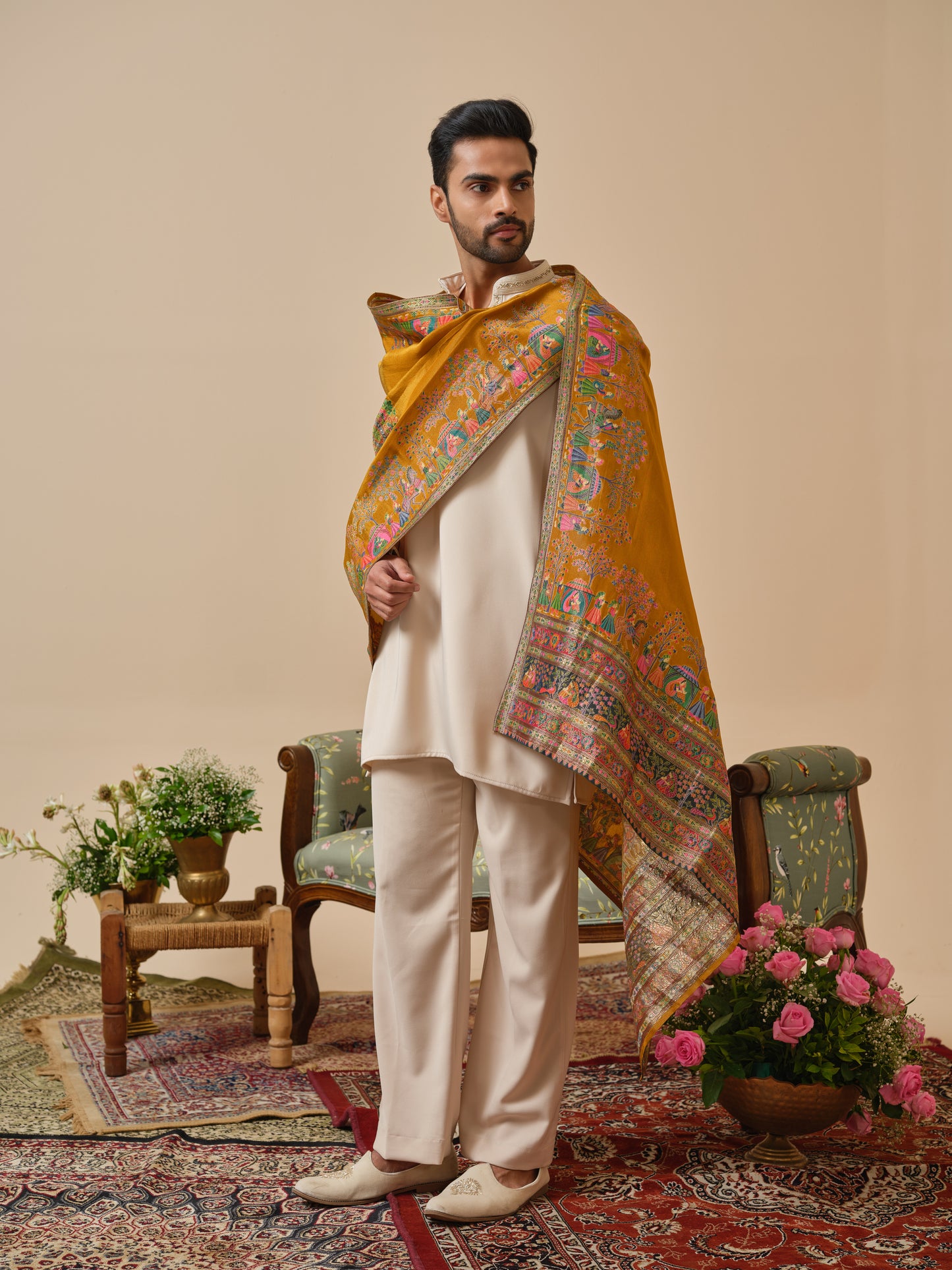 Beige Armani Kurta–Bottom–Dupatta Set with Hand Work