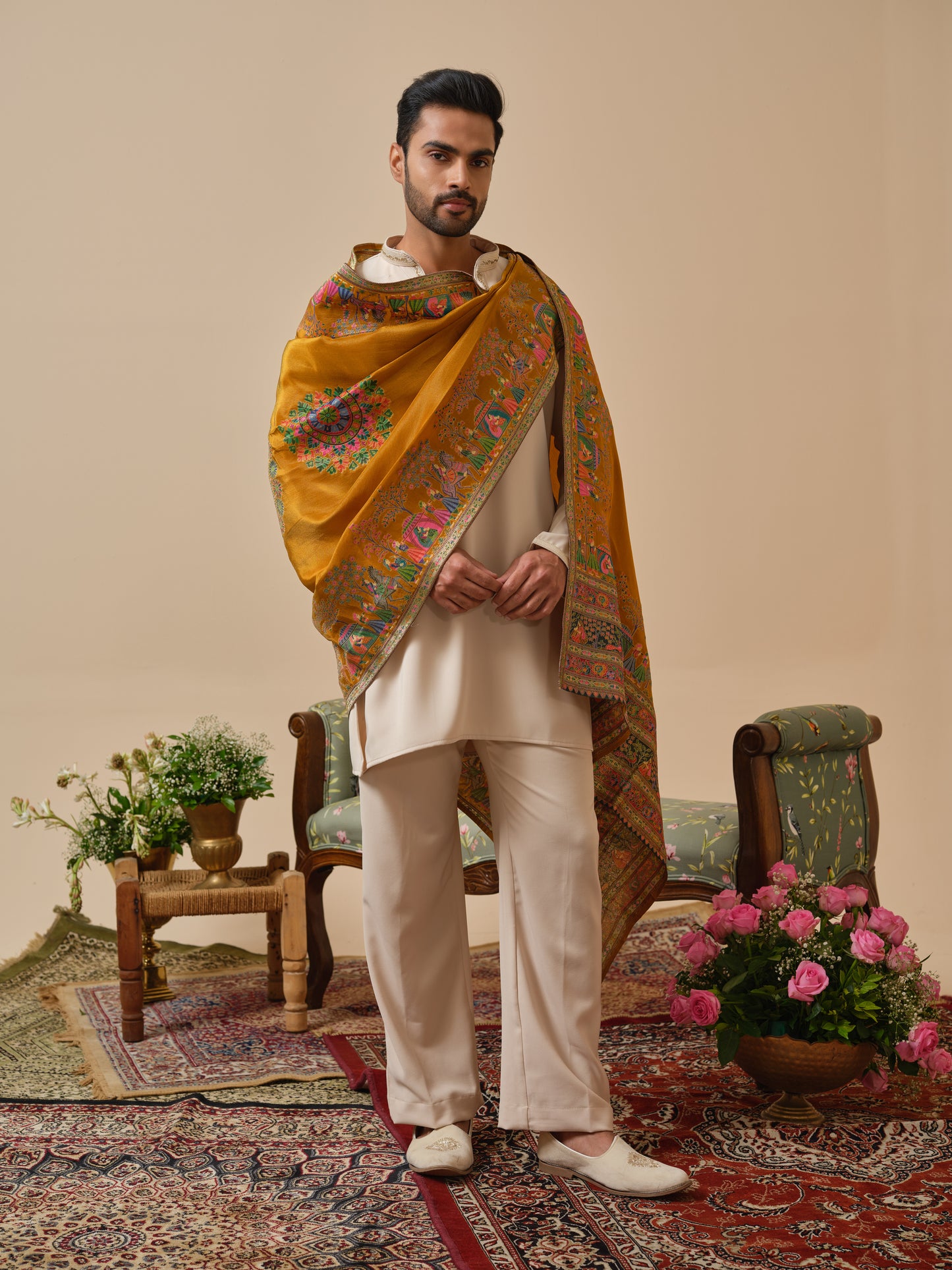 Beige Armani Kurta–Bottom–Dupatta Set with Hand Work