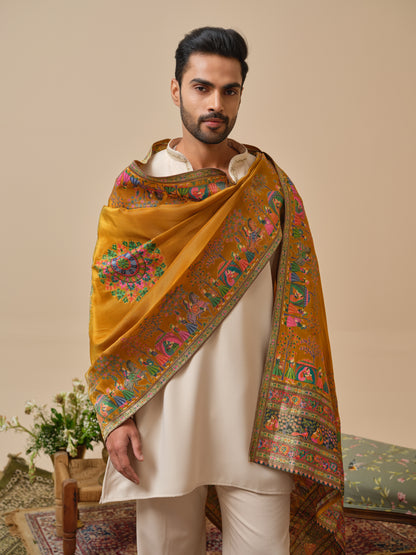 Beige Armani Kurta–Bottom–Dupatta Set with Hand Work