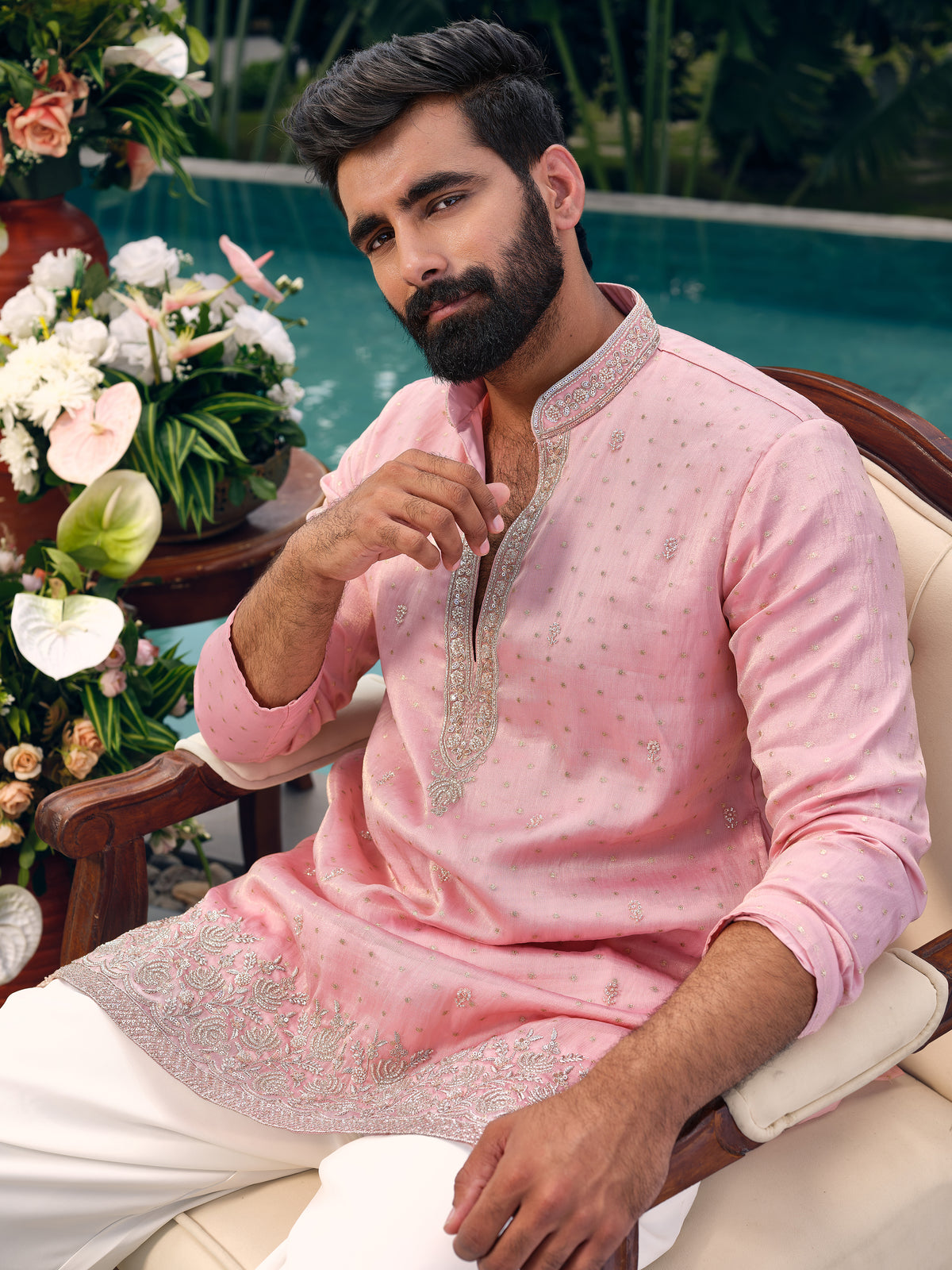 Pearl Pink Tissue Silk Short Kurta Set with Embroidery and Bead Work