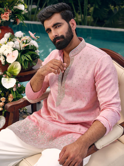 Pearl Pink Tissue Silk Short Kurta Set with Embroidery and Bead Work