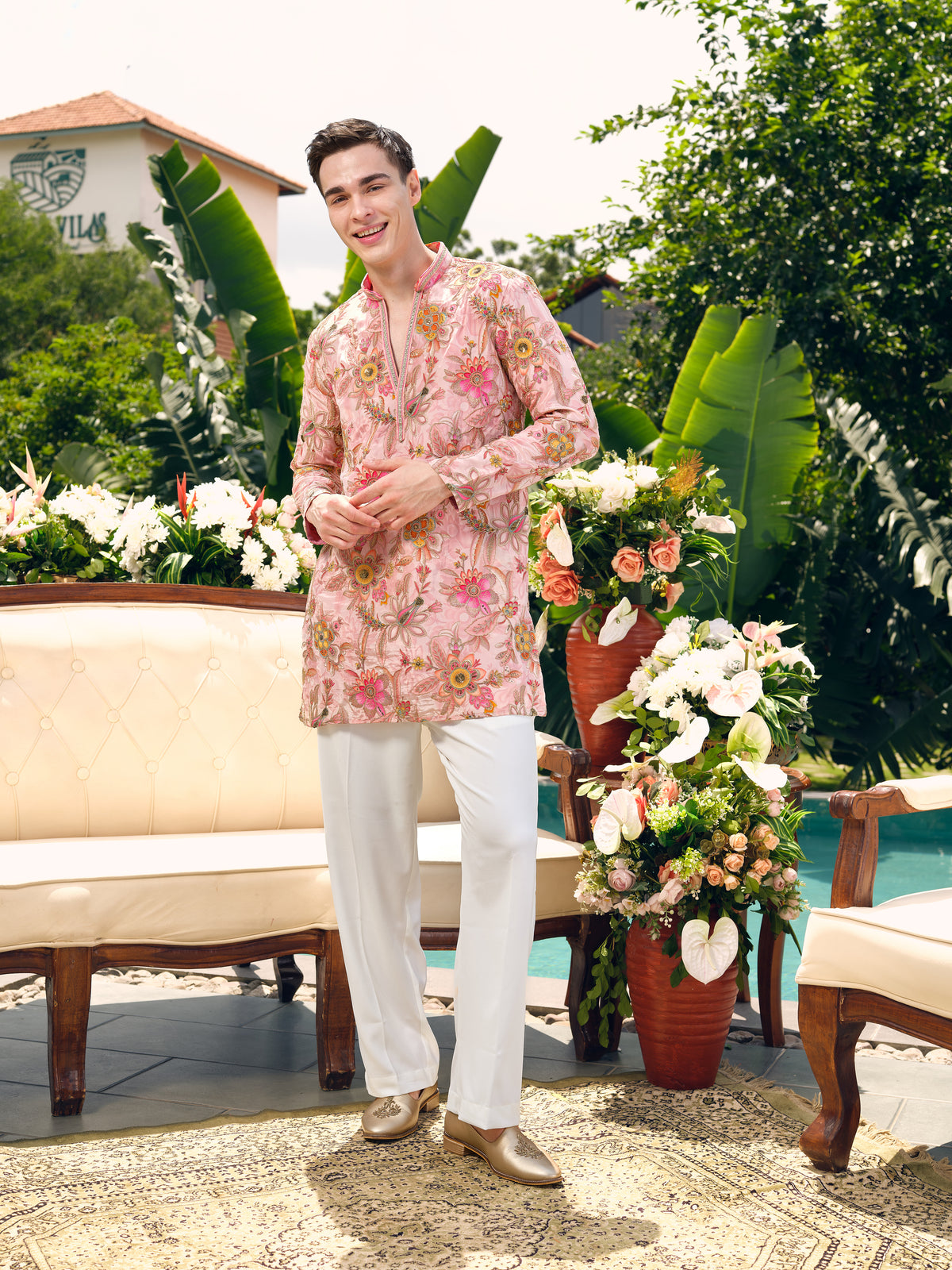 Powder Pink Natural Crepe Short Kurta Set with Position Print and Coding