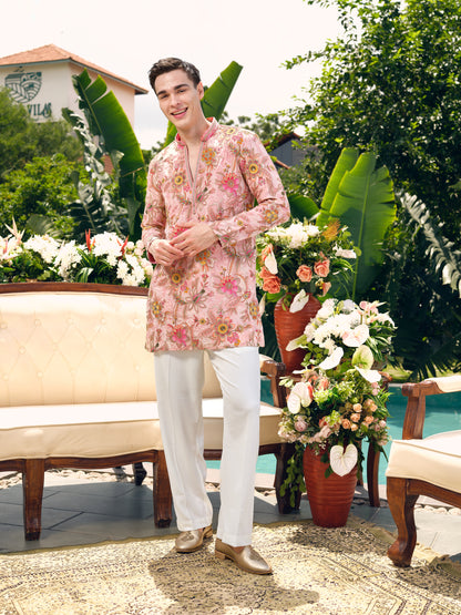 Powder Pink Natural Crepe Short Kurta Set with Position Print and Coding