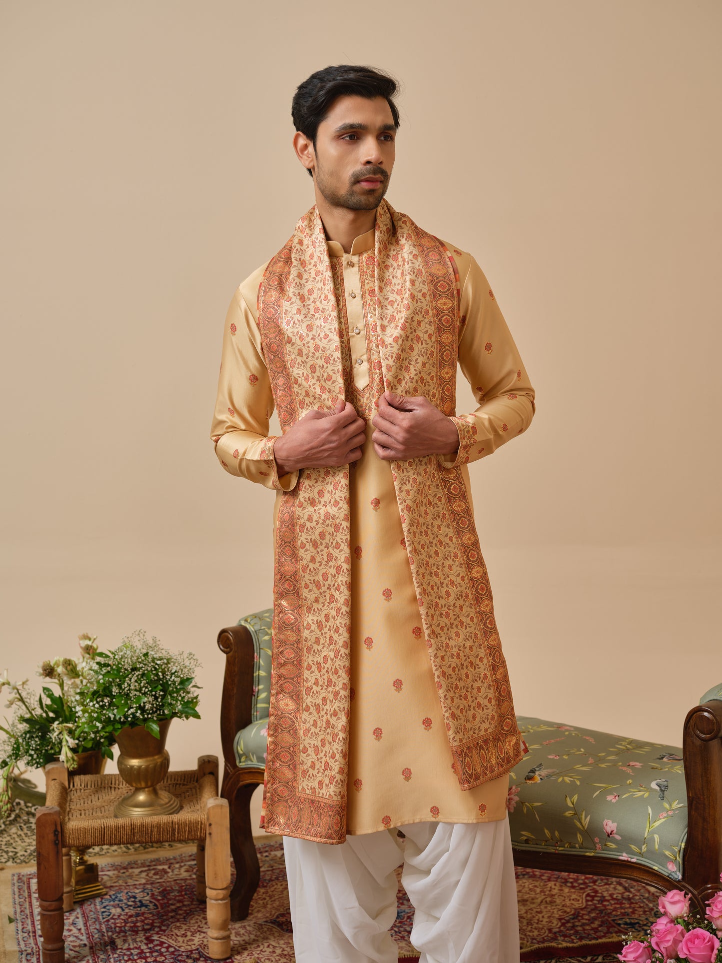 Linen Satin Kurta–Bottom–Dupatta Set with Foil Work & Digital Print