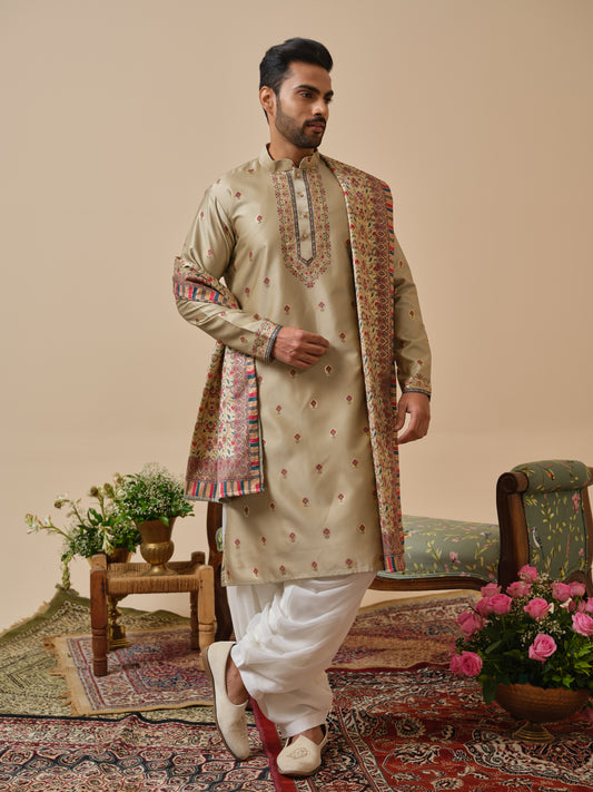 Men’s Linen Satin Kurta–Bottom–Dupatta Set with Foil Work &amp; Digital Print