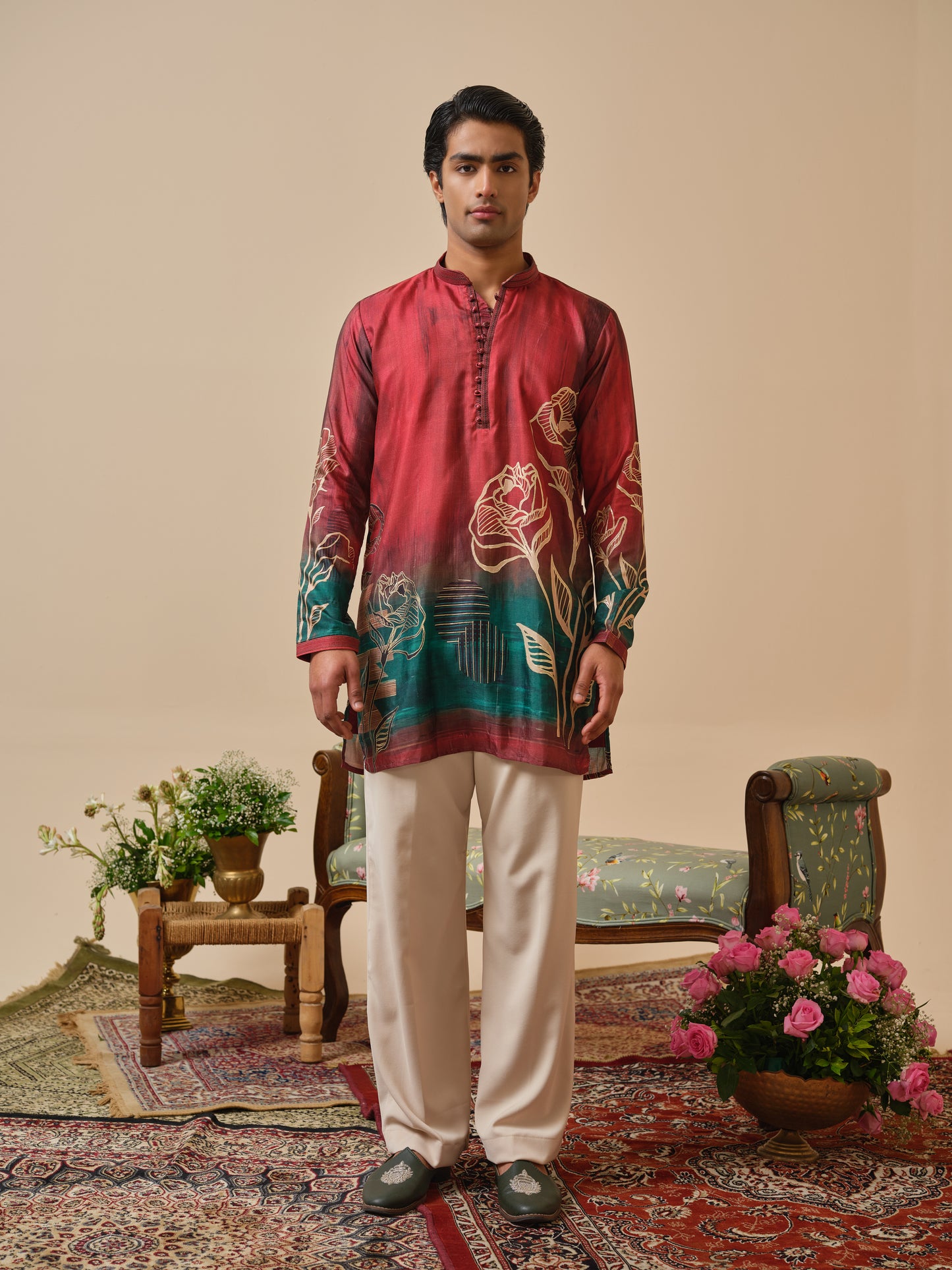 Red Krazy Silk Kurta–Bottom Set with Foil Work & Digital Print