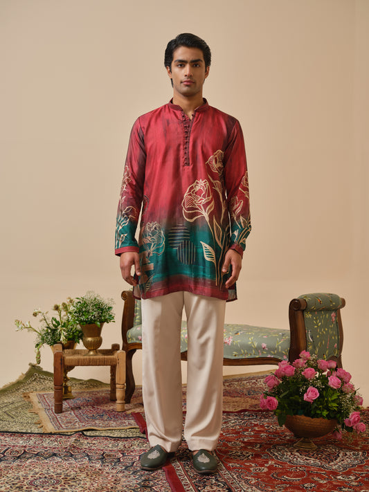 Men’s Red Krazy Silk Kurta–Bottom Set with Foil Work &amp; Digital Print