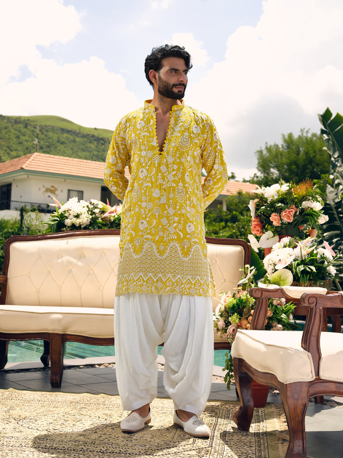 Lemon Sorbet Tissue Silk Short Kurta Set with Zari Embroidery and Sequins