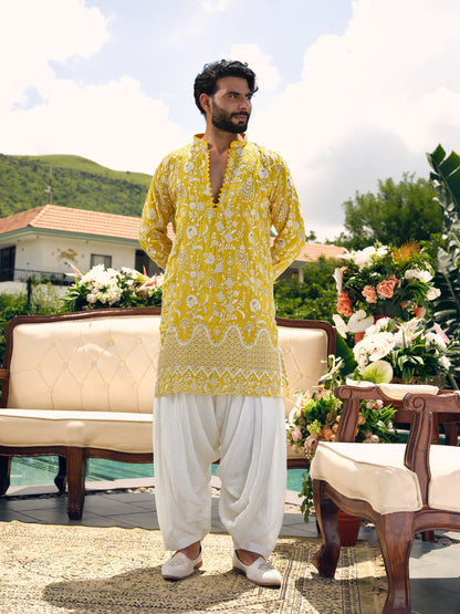 Lemon Sorbet Tissue Silk Short Kurta Set with Zari Embroidery and Sequins