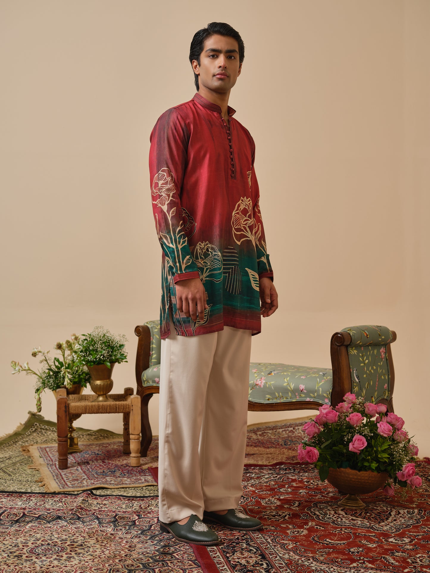 Red Krazy Silk Kurta–Bottom Set with Foil Work & Digital Print