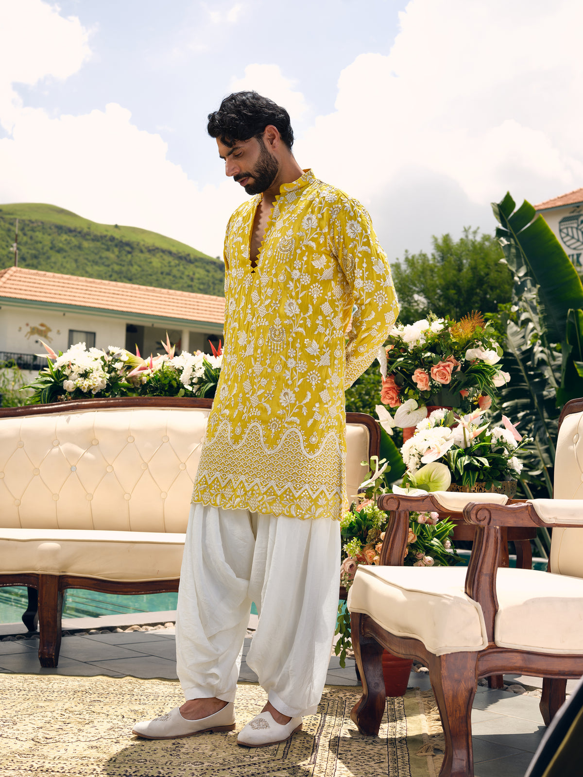 Lemon Sorbet Tissue Silk Short Kurta Set with Zari Embroidery and Sequins