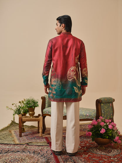 Red Krazy Silk Kurta–Bottom Set with Foil Work & Digital Print
