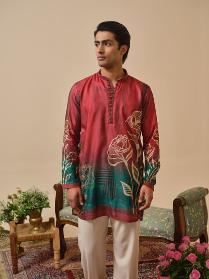 Red Krazy Silk Kurta–Bottom Set with Foil Work & Digital Print