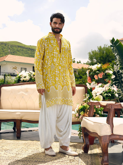 Lemon Sorbet Tissue Silk Short Kurta Set with Zari Embroidery and Sequins