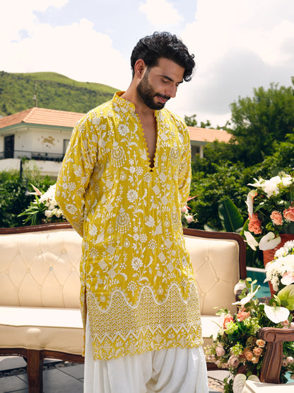 Lemon Sorbet Tissue Silk Short Kurta Set with Zari Embroidery and Sequins