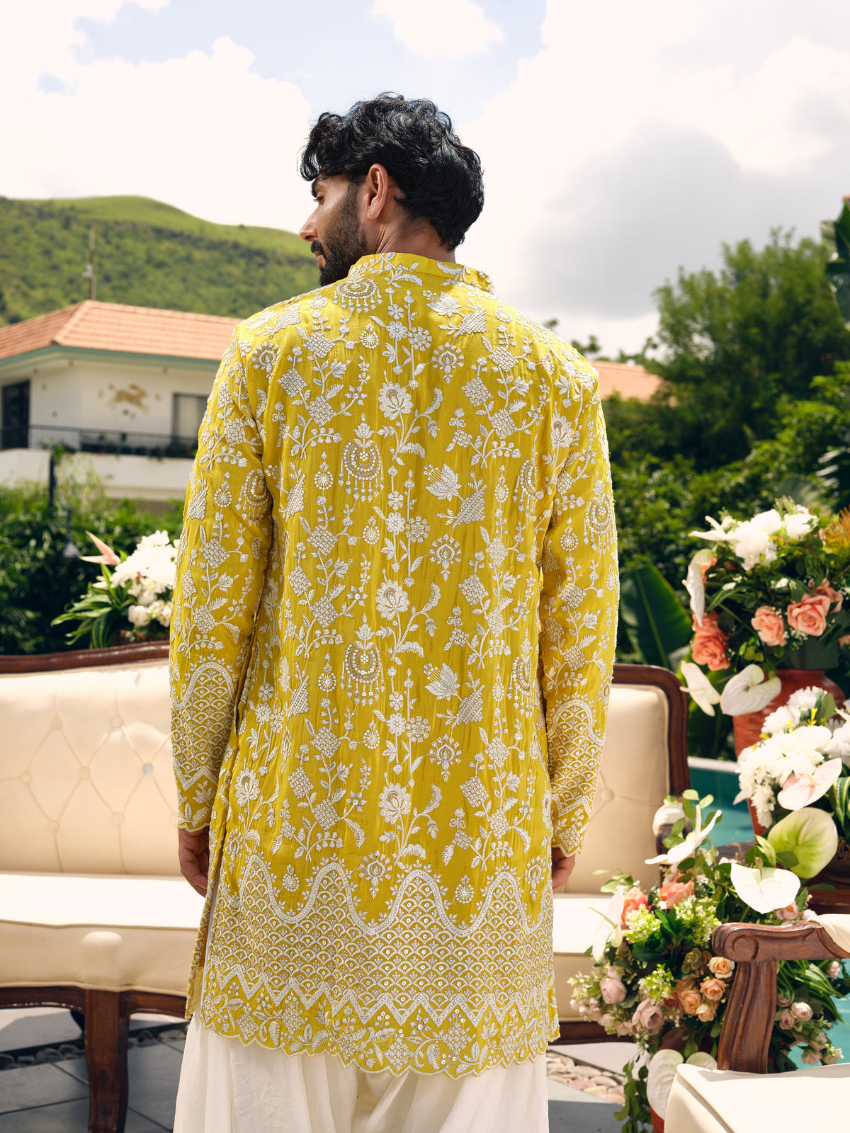 Lemon Sorbet Tissue Silk Short Kurta Set with Zari Embroidery and Sequins