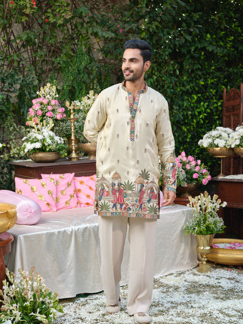 Cream Shimmer Tissue Kurta–Bottom Set with Multicolour Thread Embroidery