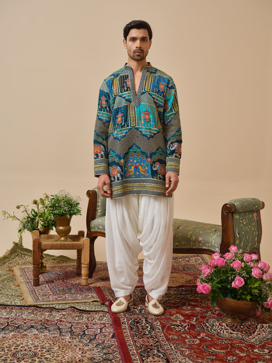 Men’s Teal Natural Crepe Kurta–Bottom Set with Cording Zari Embroidery