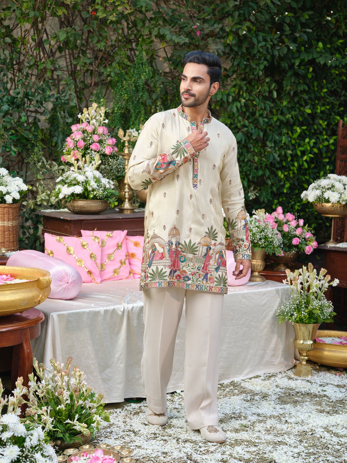 Cream Shimmer Tissue Kurta–Bottom Set with Multicolour Thread Embroidery