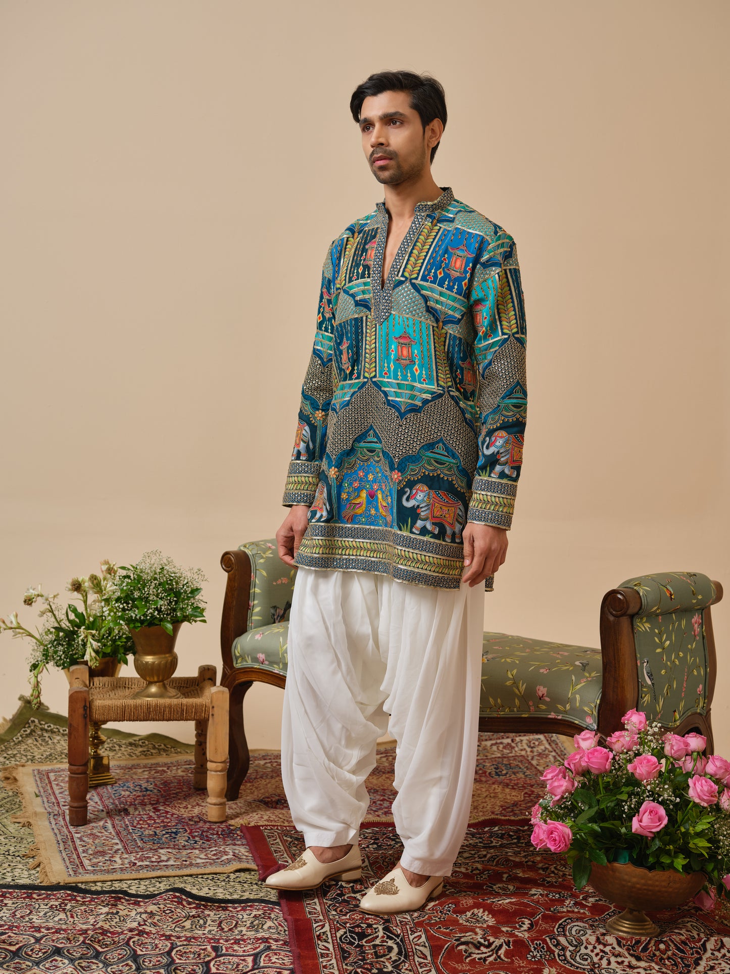 Teal Natural Crepe Kurta–Bottom Set with Cording Zari Embroidery