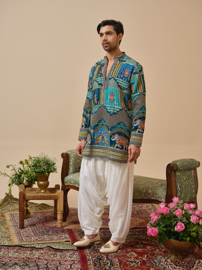 Teal Natural Crepe Kurta–Bottom Set with Cording Zari Embroidery
