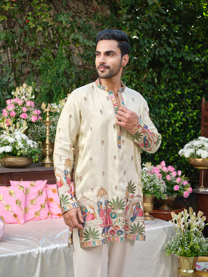 Cream Shimmer Tissue Kurta–Bottom Set with Multicolour Thread Embroidery