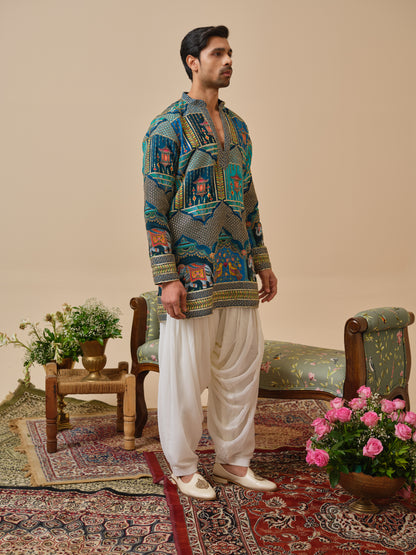 Teal Natural Crepe Kurta–Bottom Set with Cording Zari Embroidery