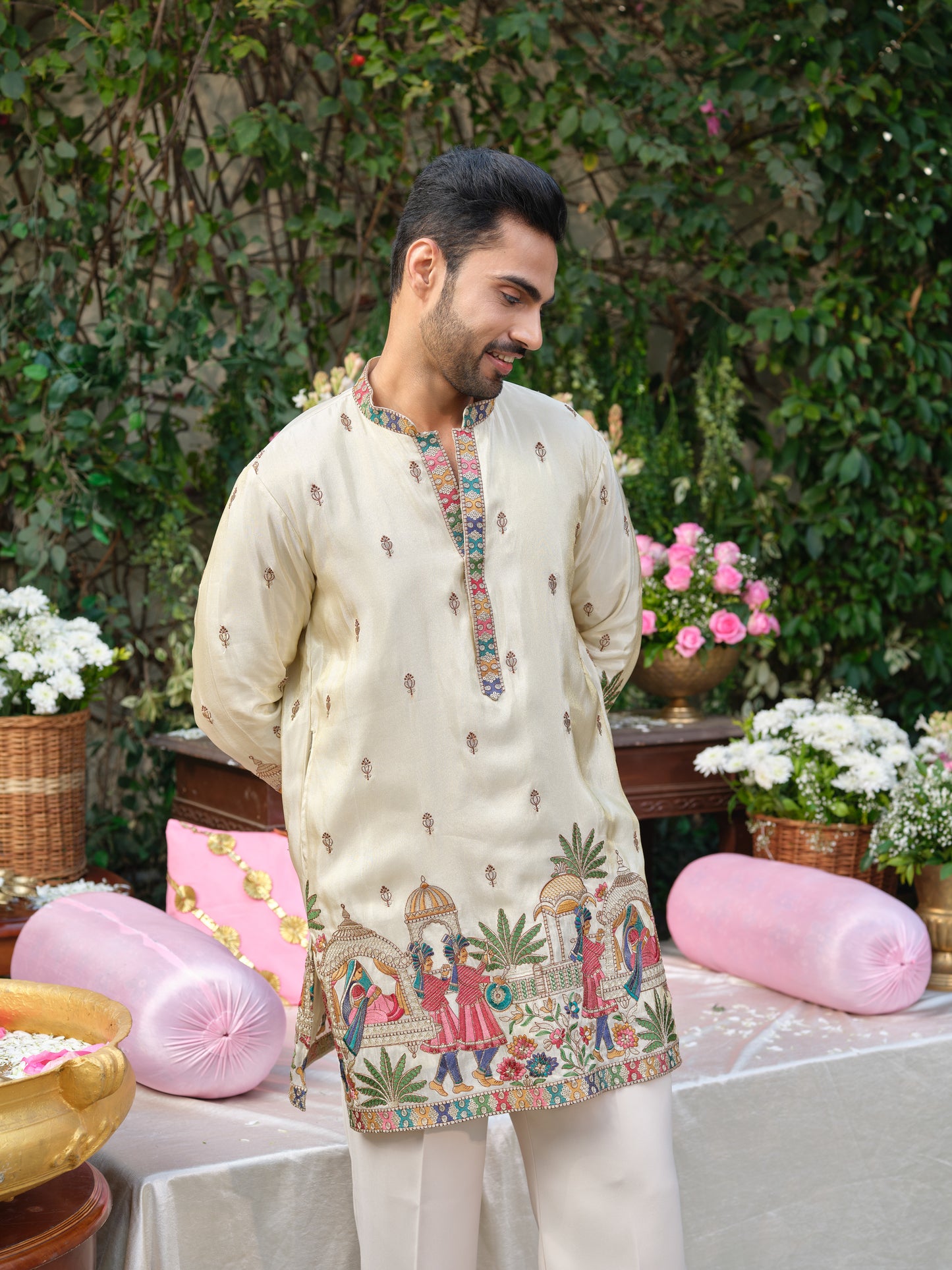 Cream Shimmer Tissue Kurta–Bottom Set with Multicolour Thread Embroidery
