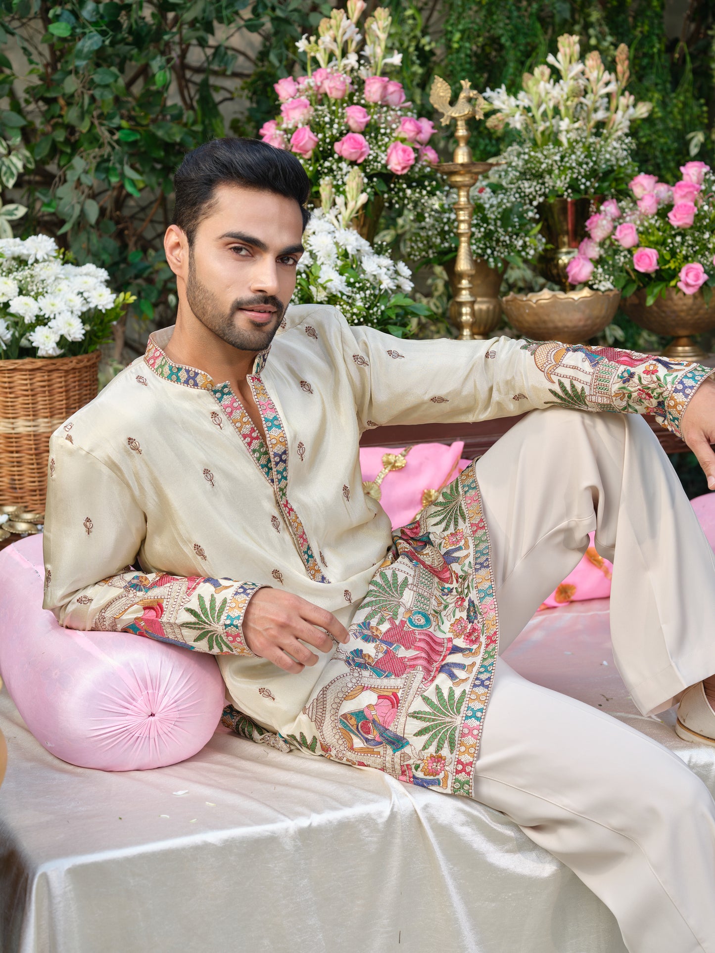 Cream Shimmer Tissue Kurta–Bottom Set with Multicolour Thread Embroidery