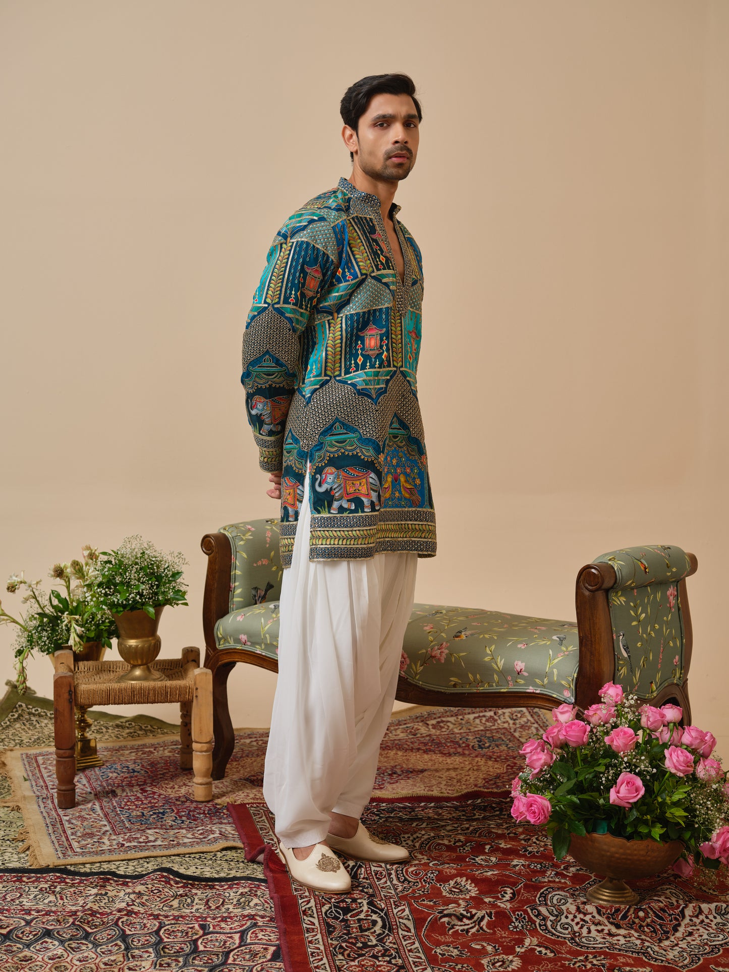 Teal Natural Crepe Kurta–Bottom Set with Cording Zari Embroidery