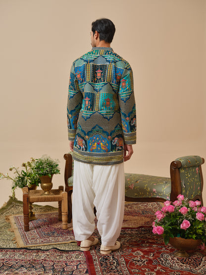 Teal Natural Crepe Kurta–Bottom Set with Cording Zari Embroidery