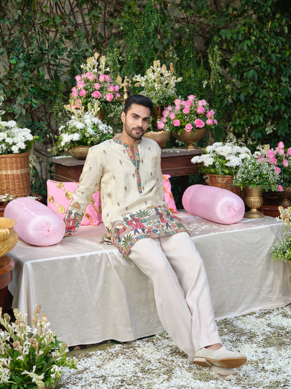 Cream Shimmer Tissue Kurta–Bottom Set with Multicolour Thread Embroidery