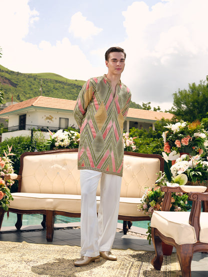 Meadow Green Tissue Silk Short Kurta Set with Embroidery