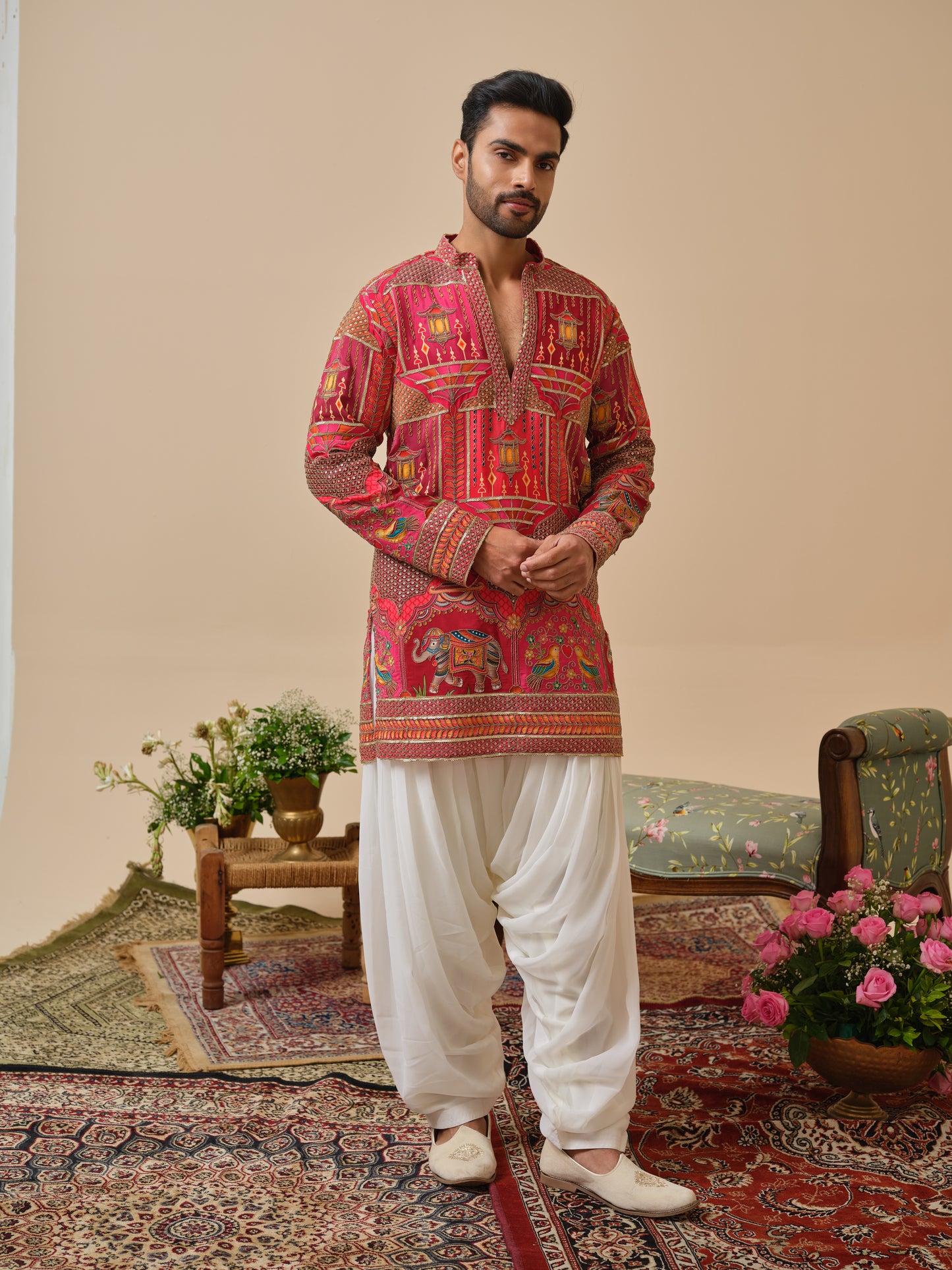 Rani Natural Crepe Kurta–Bottom Set with Cording Zari Embroidery