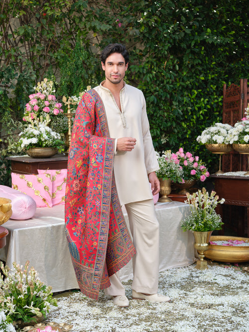 Beige Armani Kurta–Bottom Set with Handcrafted Detailing & Jacquard Dupatta