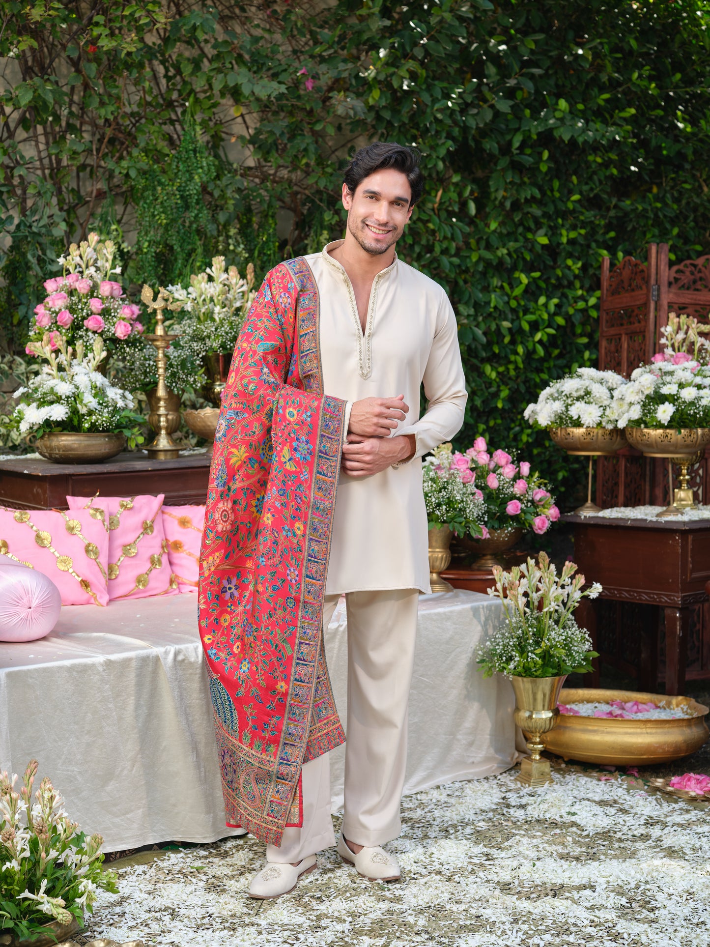 Beige Armani Kurta–Bottom Set with Handcrafted Detailing & Jacquard Dupatta