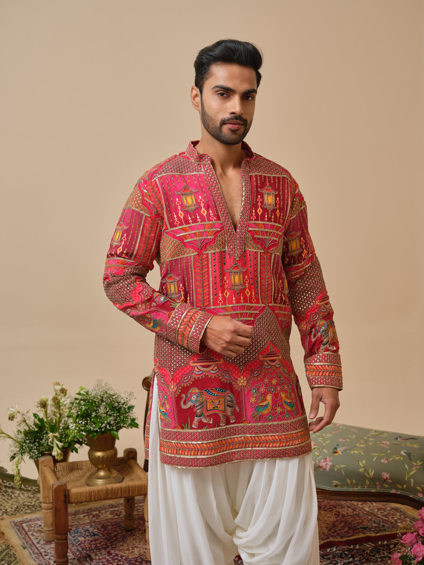 Rani Natural Crepe Kurta–Bottom Set with Cording Zari Embroidery