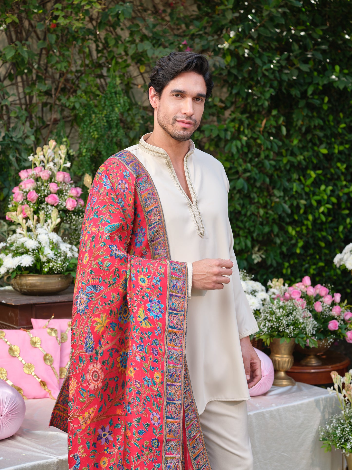 Beige Armani Kurta–Bottom Set with Handcrafted Detailing & Jacquard Dupatta