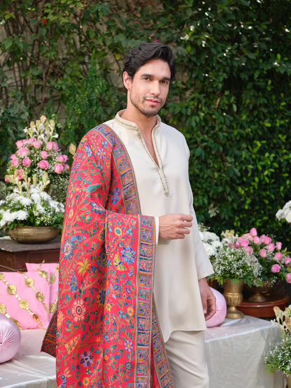 Beige Armani Kurta–Bottom Set with Handcrafted Detailing & Jacquard Dupatta