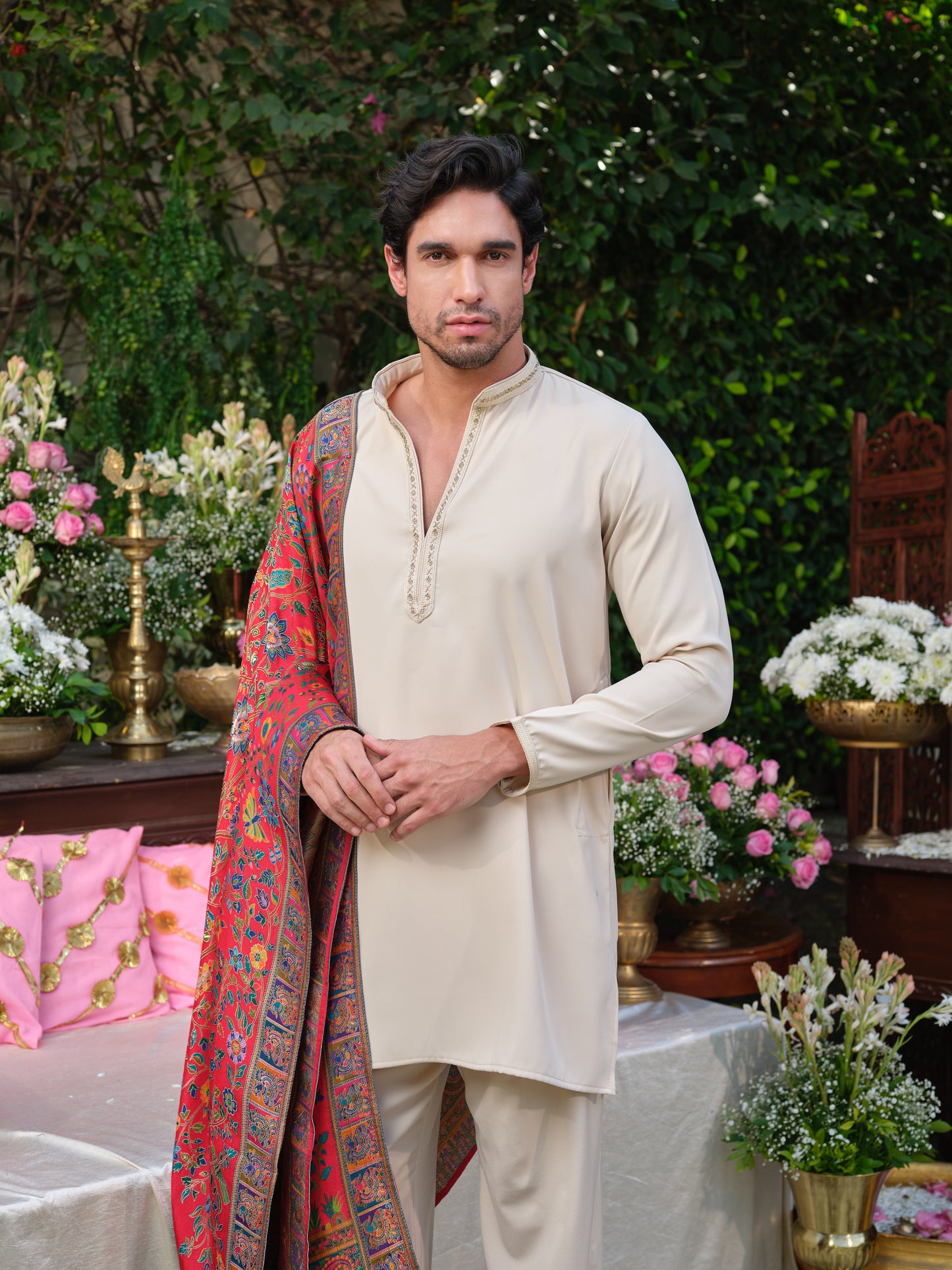Beige Armani Kurta–Bottom Set with Handcrafted Detailing & Jacquard Dupatta