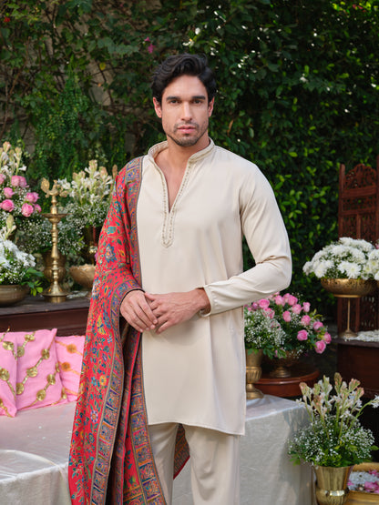 Beige Armani Kurta–Bottom Set with Handcrafted Detailing & Jacquard Dupatta