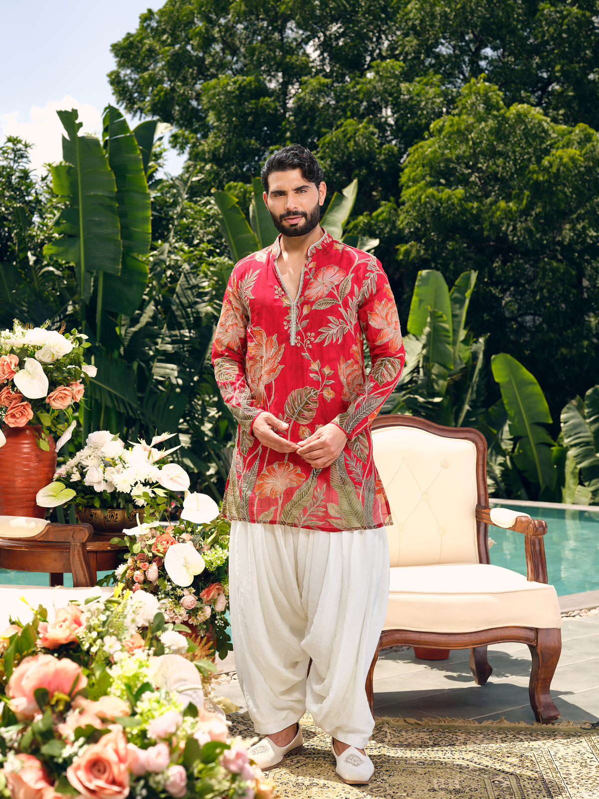 Vermilion Red Orgenza Silk Short Kurta Set with Position Print and Coding